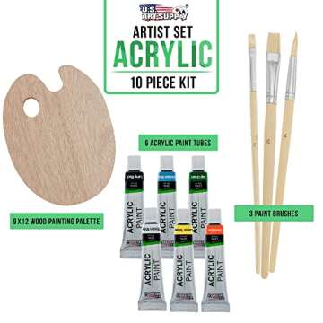 U.S. Art Supply Artist Wood Painting Palette with 6-Piece Acrylic Paint Tube Set & 3-Piece Brush Set