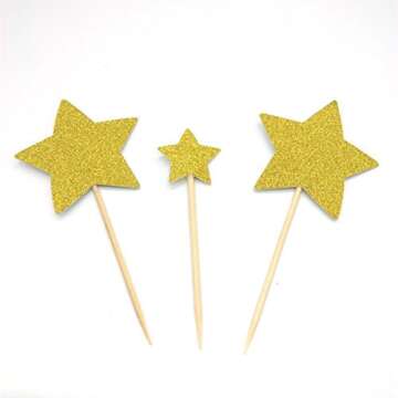 Heamarty 40 Pcs Twinkle Gold Star Cupcake Toppers DIY Glitter Mini Birthday Cake Snack Decorations Picks Suppliers Party Accessories for Wedding Shower