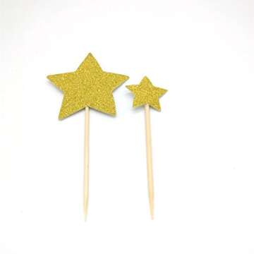 Heamarty 40 Pcs Twinkle Gold Star Cupcake Toppers DIY Glitter Mini Birthday Cake Snack Decorations Picks Suppliers Party Accessories for Wedding Shower