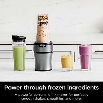 Ninja BN301 Nutri-Blender Plus Compact Personal Blender, 900-Peak-Watt Motor, Frozen Drinks, Smoothies, Sauces & More, (3) 20 oz. To-Go Cups, (2) Spout-Lids (1) Storage-Lid, Dishwasher Safe, Silver