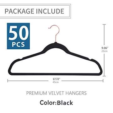 Premium Velvet Hangers Rosegold Nonslip,Heavy Duty,Clothes Hangers,Huggable Suit Hangers,Space Saving Felt Adult Hangers Slimline Hanger Closet Organizer Standard Copper (50, Black)