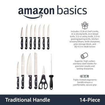 Amazon Basics 14-Piece Kitchen Knife Set - High-Carbon Blades & Pine Wood Block