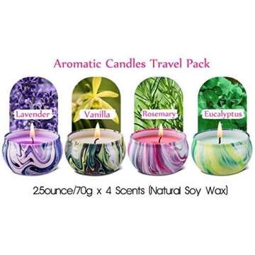 Soy Wax Aromatherapy Scented Candles Gift Set Lavender Vanilla Eucalyptus & Rosemary, Really Natural Fragrance Essential Oils Travel Tin Relaxing Candle for Stress Relief, Pack 4