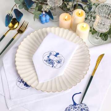 HunnmingRe 12 Pack Fall Chinoiserie Cloth Napkins 17x17 Inch Thanksgiving Pumpkin Embroidered Blue and White Porcelain Table Napkins 100% Cotton Soft Dinner Napkins for Party Dining Room