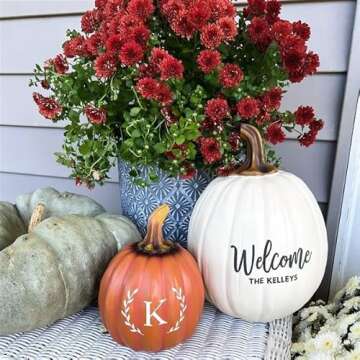 Personalization Universe Laurel Initial Personalized Monogram Pumpkin - Handcrafted Resin Fall Halloween Decor for Home, Indoor, Outdoor, Thanksgiving, Fall Wedding, Autumn Decorations – Small Cream