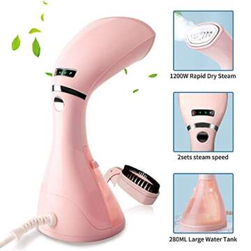 HHSUC Steamer for Clothes, Handheld Garment Steamer, 1200W Mini Travel Steamer, Portable Fabric Steam Iron Auto Shut Off & Leak Proof，LCD Display/15s Fast Heating/Wrinkle Remover [Luxury Edition]