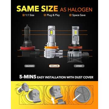 OXILAM H11 Fog Light Bulb, 400% Brightness, 6500K Cool White, 1:1 Size, Fanless Fog Light Halogen Replacement, IP68, Plug and Play, Pack of 2