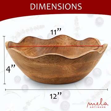 Mela Artisans Wooden Scalloped Bowl - Large | Ruffle Decorative Style | Rustic Kitchen Decor | Mango Wood | Natural Grain Finish | Fits Bread, Fruits, Salad or Popcorn | 12” x 4” x 11”