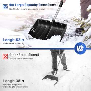 Large Portable Snow Shovel for Driveway: 52-Inch Extended Lightweight Snow Shovel for Snow Removal - Wide Snow Shovel with Ergonomic D-Grip Handle and Aluminum Blade for Garden, Car, Camping Black