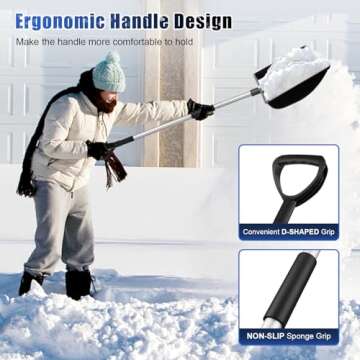 Large Portable Snow Shovel for Driveway: 52-Inch Extended Lightweight Snow Shovel for Snow Removal - Wide Snow Shovel with Ergonomic D-Grip Handle and Aluminum Blade for Garden, Car, Camping Black