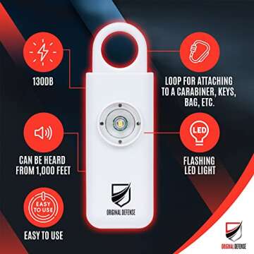 Original Defense® Siren Self-Defense Alarm (White) - 130 dB Keychain Alarm with LED Strobe Light for Women, Children, and Elderly - Police Recommended