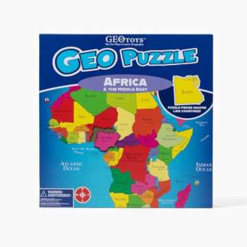 GeoToys GeoPuzzle, Africa, Middle East Shaped Jigsaw Puzzle, 65 Pc Geography Puzzles, Map Puzzle, Jigsaw Puzzles for Kids Ages 6-9 Years Old