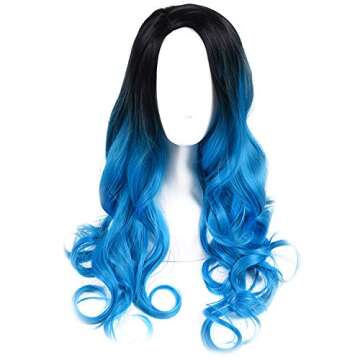 beauty youth 22 inch Blue Ombre Wigs With Dark Roots Long Wavy Heat Resistant Synthetic Black And Blue Ombre Middle Part Wig For Women(Natural Black Ombre Blue)