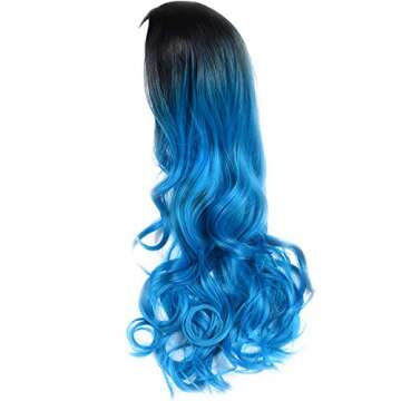 beauty youth 22 inch Blue Ombre Wigs With Dark Roots Long Wavy Heat Resistant Synthetic Black And Blue Ombre Middle Part Wig For Women(Natural Black Ombre Blue)