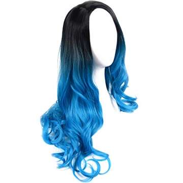 beauty youth 22 inch Blue Ombre Wigs With Dark Roots Long Wavy Heat Resistant Synthetic Black And Blue Ombre Middle Part Wig For Women(Natural Black Ombre Blue)