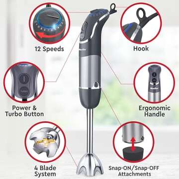 Mueller Multistick 800W 4-in-1 Immersion Blender Handheld, 12 Speed Hand Mixer - Turbo Boost, Heaviest Duty Copper Motor, Titanium Blades Hand Blender, Milk Frother Wand, Whisk, Beaker, Chopper