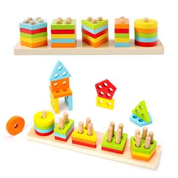 WOOD CITY Wooden Sorting & Stacking Toy, Shape Sorter Toys for Toddlers, Montessori Color Recognition Stacker, Early Educational Block Puzzles for Kids 1 2 3 Years Old Boys and Girls (5 Shapes)