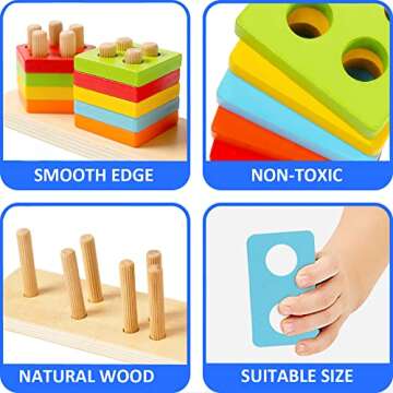 WOOD CITY Wooden Sorting & Stacking Toy, Shape Sorter Toys for Toddlers, Montessori Color Recognition Stacker, Early Educational Block Puzzles for Kids 1 2 3 Years Old Boys and Girls (5 Shapes)