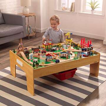 KidKraft Adventure Town Railway Wooden Train Set & Table with EZ Kraft Assembly™ with 120 Accessories and Storage Bins, Gift for Ages 3+