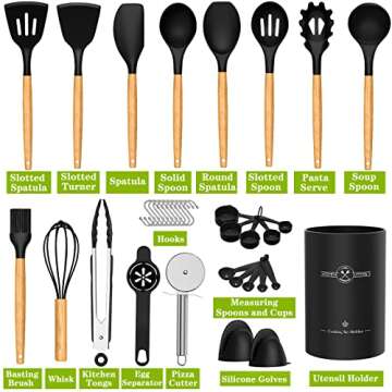 Umite Chef 36pcs Silicone Kitchen Cooking Utensils with Holder, Heat Resistant Cooking Utensils Sets Wooden Handle, Nonstick Kitchen Gadgets Tools Include Spatula Spoons Turner Pizza Cutter(Black)