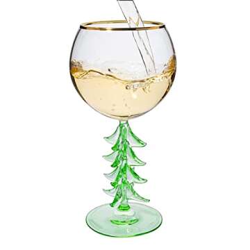 Crystal Winter Tree Stemmed Wine Glass - Green - 12oz Goblet Bordeaux Gold Rim Colored Glassware, Cheerful Party Festive New Year's Cheer for Winter Season Gift