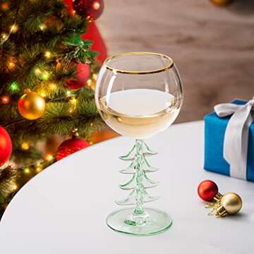 Crystal Winter Tree Stemmed Wine Glass - Green - 12oz Goblet Bordeaux Gold Rim Colored Glassware, Cheerful Party Festive New Year's Cheer for Winter Season Gift