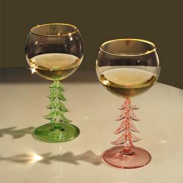 Crystal Winter Tree Stemmed Wine Glass - Green - 12oz Goblet Bordeaux Gold Rim Colored Glassware, Cheerful Party Festive New Year's Cheer for Winter Season Gift