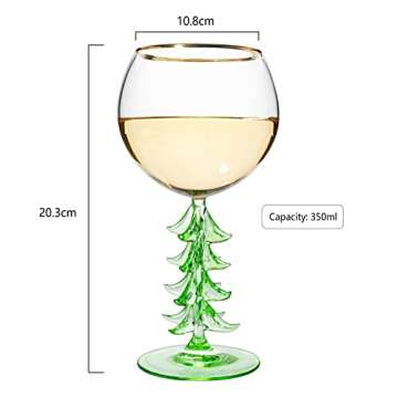 Crystal Winter Tree Stemmed Wine Glass - Green - 12oz Goblet Bordeaux Gold Rim Colored Glassware, Cheerful Party Festive New Year's Cheer for Winter Season Gift