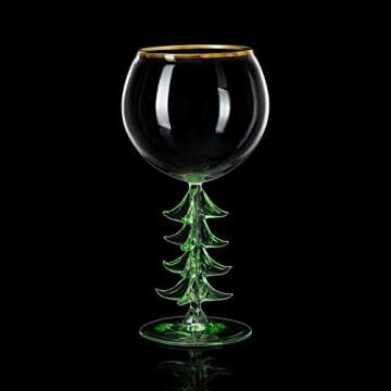 Crystal Winter Tree Stemmed Wine Glass - Green - 12oz Goblet Bordeaux Gold Rim Colored Glassware, Cheerful Party Festive New Year's Cheer for Winter Season Gift