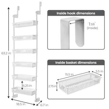 Smart Design Over-The-Door Organizer for Storage – Perfect for Pantry Organization, Bedroom, Bathroom Storage, Playroom, or Kitchen - Adjustable Steel Frame with 6 Baskets & Wall Mount – White