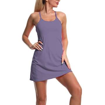 Women's Exercise Sleeveless Dress Tennis Golf Workout Dress with Pockets Built-in Shorts & Bra Yoga Sports Athletic Dress (Adjustable Purple, M)