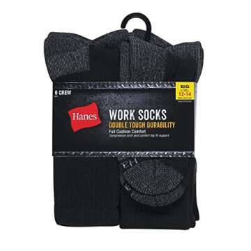 Hanes Men's Crew Socks 6-Pair Pack - Black Work Socks (Size 6-12 US)