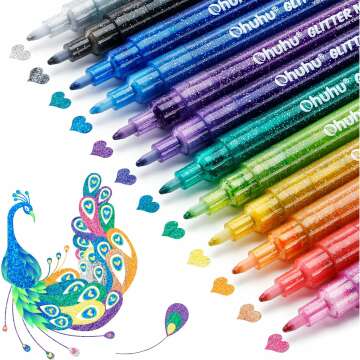 Ohuhu Glitter Markers Pen 12 Colors - Fine Point for Crafts