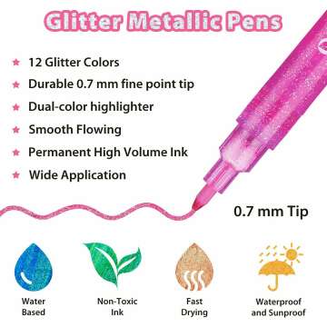 Ohuhu Glitter Markers 12 Colors - Fine Point Craft Pens