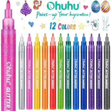 Ohuhu Glitter Markers 12 Colors - Fine Point Craft Pens