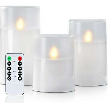 Homemory Realistic Flickering Flameless Candles with Dancing Flame, LED Candles, Battery Operated Candles with Remote and Timers, Frosted Acrylic, Outdoor Waterproof, White, Set of 3