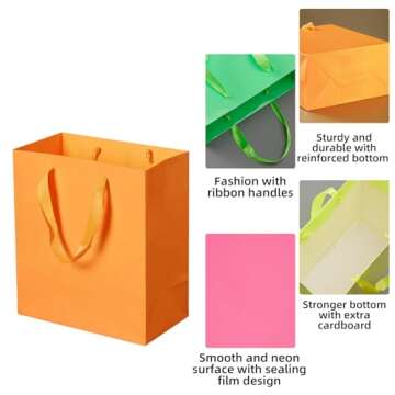 Pikalon 8 pcs Neon Gift Bags with Handles, Small 4.72"x2.95"x8.26" Bright Color Gift Wrap Paper Bag Party Favor Bag Boutique Retail Bags for Wedding Birthday Baby Shower Wedding Welcome Party Supplies (Pink+Yellow+Orange+Green, 4.72x2.95x8.26 Inches)