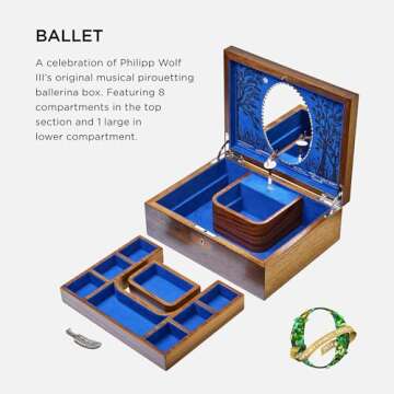 WOLF Scalloped Ballet Jewelry Box in Walnut Wood - 9 Compartments & Tchaikovsky's Music