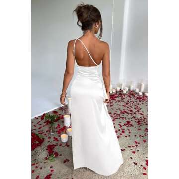 One Shoulder Satin High Split White Maxi Dress