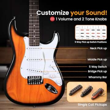 Pyle Full Size Electric Guitar Kit with 5W Amplifier, Gig Bag, Picks, Spare Strings, and Strap, ST-Style Beginner Guitar Bundle with 22 Frets, Paulownia Wood Body, Natural Burst