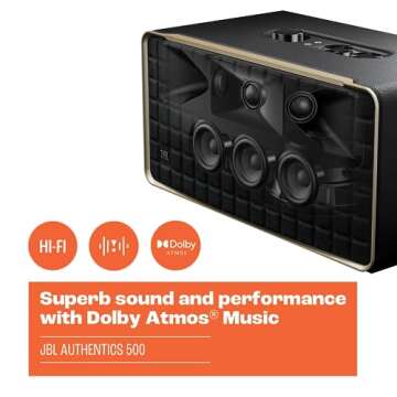 JBL Authentics 500 - Retro Style Home Speaker with Bluetooth, Voice Control, and Dolby Atmos, Multi Room Playback, Built in Alexa and Google Assistant, Automatic self Tuning (Renewed)