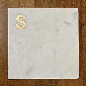 Boards by Bleu Monogram Marble Cheese Board, Hand Crafted Marble Cutting Board from White Marble Slab, Personalized Charcuterie Board with Brass Initial, Great Wedding or House Warming Gifts, Letter S