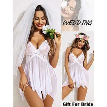 Avidlove Wedding Lingerie for Bride Lace Babydoll Sexy Lace Sleepwear for Women White