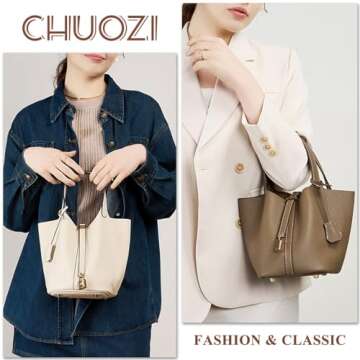 CHUOZI Genuine Leather Bucket Bag for Women Stylish Lock Design Small Satchel Purses Handbags Daily Casual Soft Shoulder Bags (Ivory)