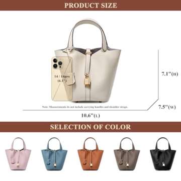 CHUOZI Genuine Leather Bucket Bag for Women Stylish Lock Design Small Satchel Purses Handbags Daily Casual Soft Shoulder Bags (Ivory)