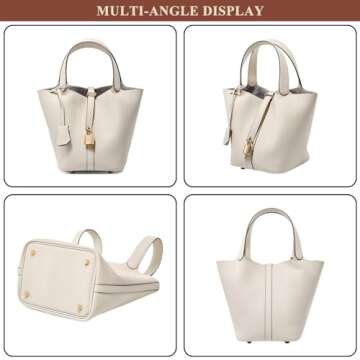 CHUOZI Genuine Leather Bucket Bag for Women Stylish Lock Design Small Satchel Purses Handbags Daily Casual Soft Shoulder Bags (Ivory)