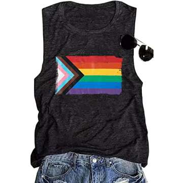 Progress Pride Rainbow Flag Tank Top Women LGBTQ Equality Tank Tops Sleeveless Graphic Tee Shirt (Dark Grey L)