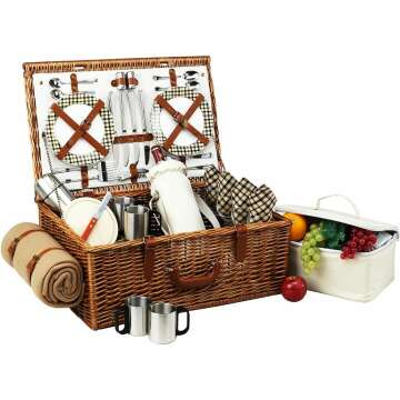 Picnic at Ascot Dorset English-Style Willow Picnic Basket with Service for 4, Coffee Set and Blanket- Designed, Assembled & Quality Approved in the USA