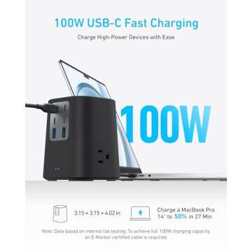 Anker Charging Station (100W), 9-in-1 USB C Power Strip with 300J Surge Protection, for iPhone 15 and MacBook, 5 ft Flat Cable and Plug, 4 USB C and 2 USB A Ports, 3 AC Outlets, for Home, Office