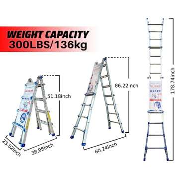 TOPRUNG 17Ft A Frame 4 Step Ladder Extension, Aluminum Multi Position 300 lbs Weight Rating Telescoping Ladder for Household Work or Outdoor Roof